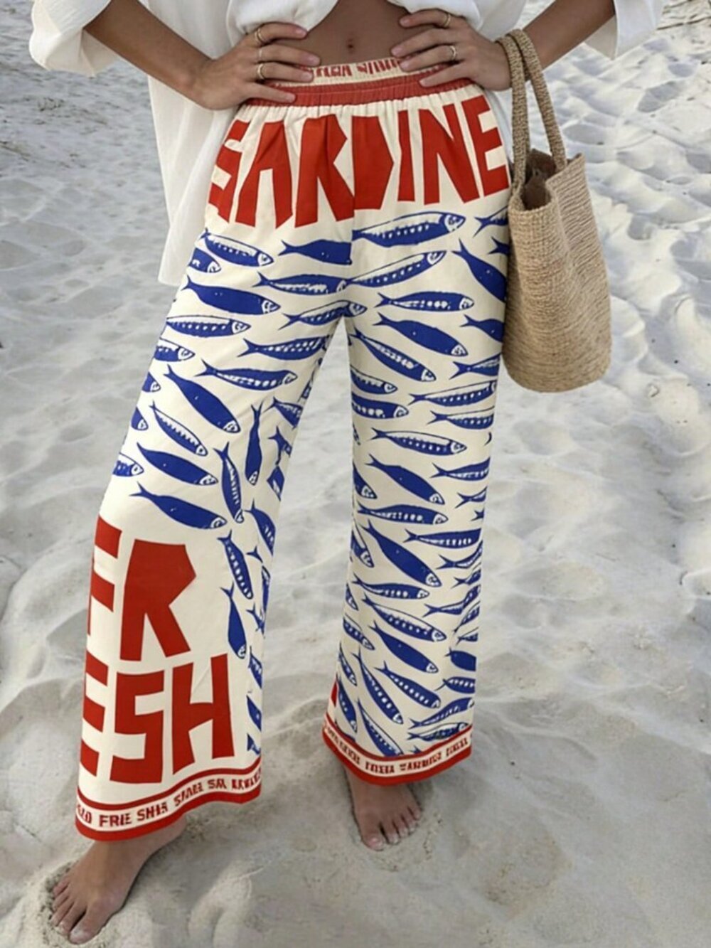 Multicolor Casual Women's Starfish Sardine Letter Print Loose Fit Long Pants